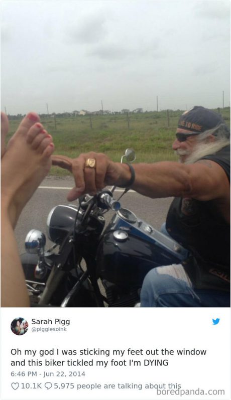 this older biker tickling this woman's feet