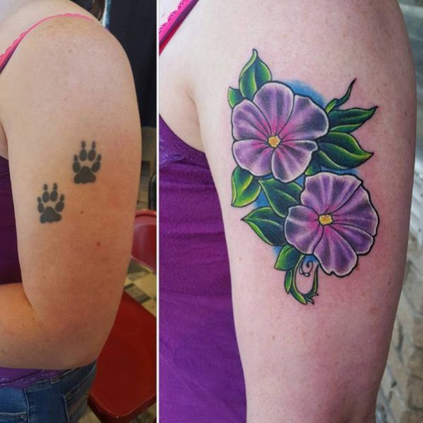 paws cover up tattoo with flowers
