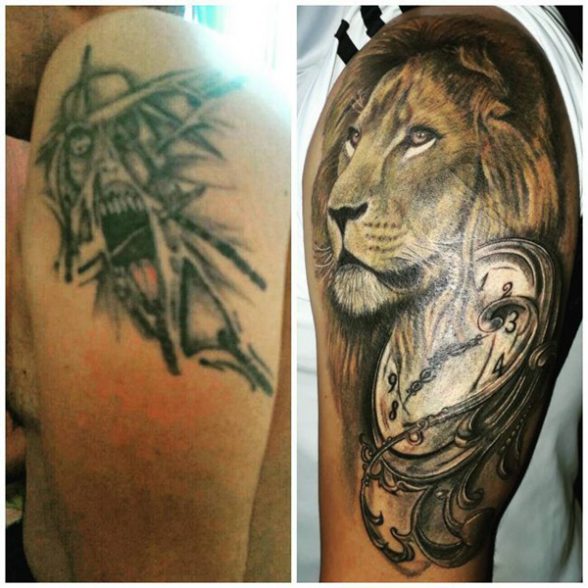 lion cover up tattoo